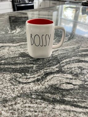 Rae Dunn BOSSY Mug - White Exterior with Red Interior